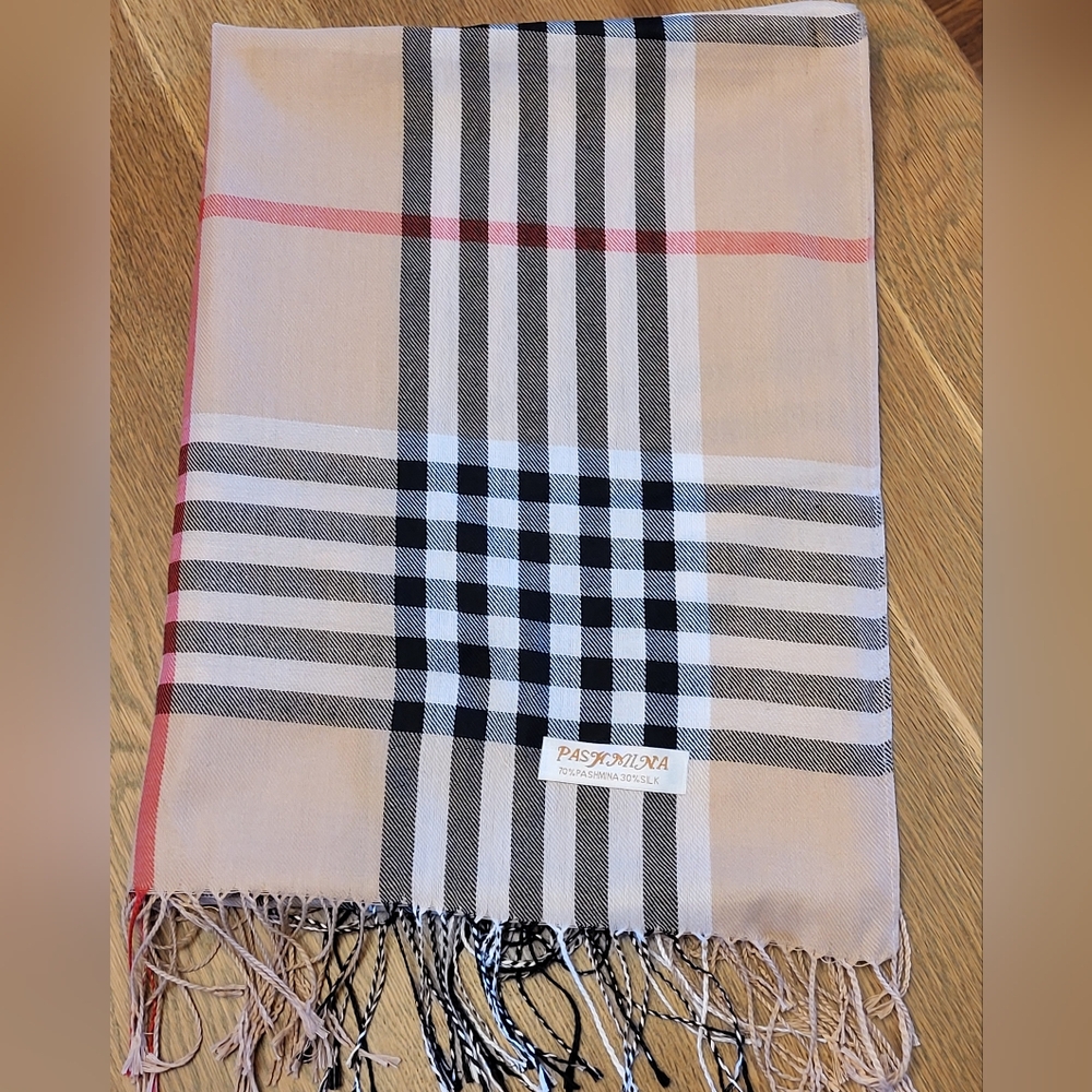 Pashmina Plaid Scarf in Black, White, and Tan